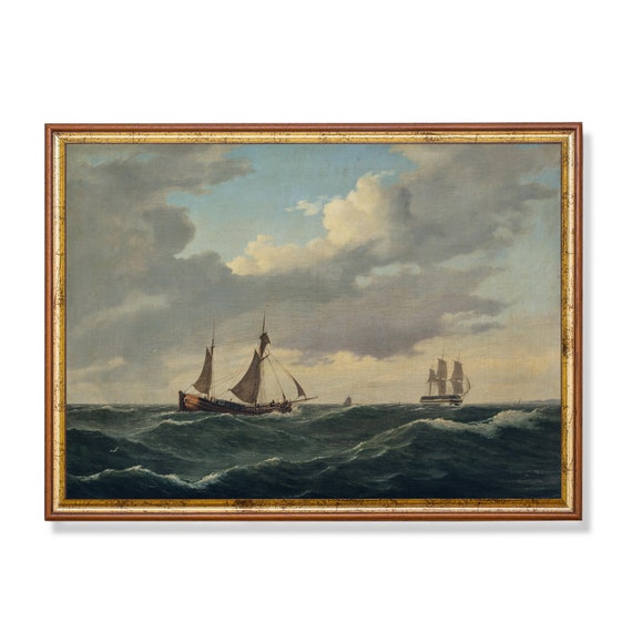 Vintage Sailing Boat Painting Antique Nautical Decor Ocean Seascape Fine Print Wall Art Moody Painting