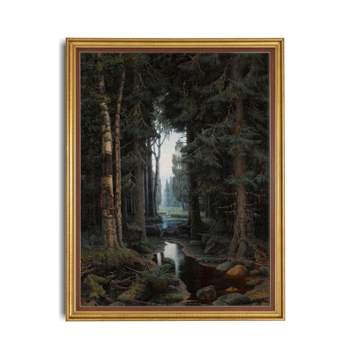 Print And Ship Rustic Landscape Painting Moody Forest Fine Art Print Cabin Decor Vertical Nature Antique Print Mailed Art - Image 3