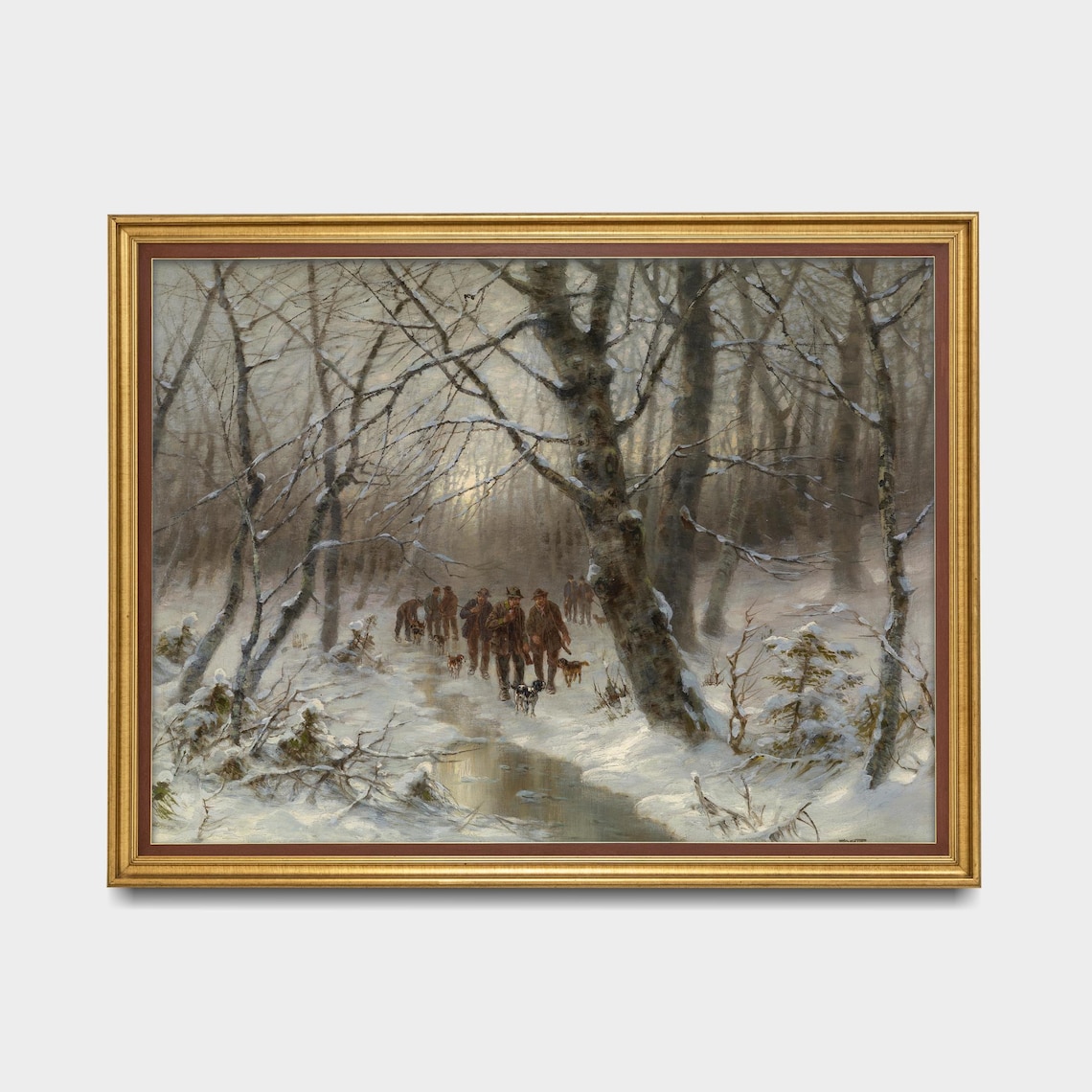 Party Of Hunters With Dogs In A Snowy Winter Forest Vintage Poster - Image 5