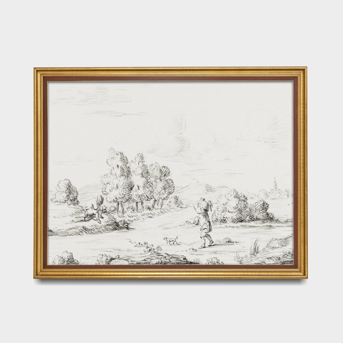 Antique Pastoral Countryside Sketch With Figures Church Spire Poster - Image 5