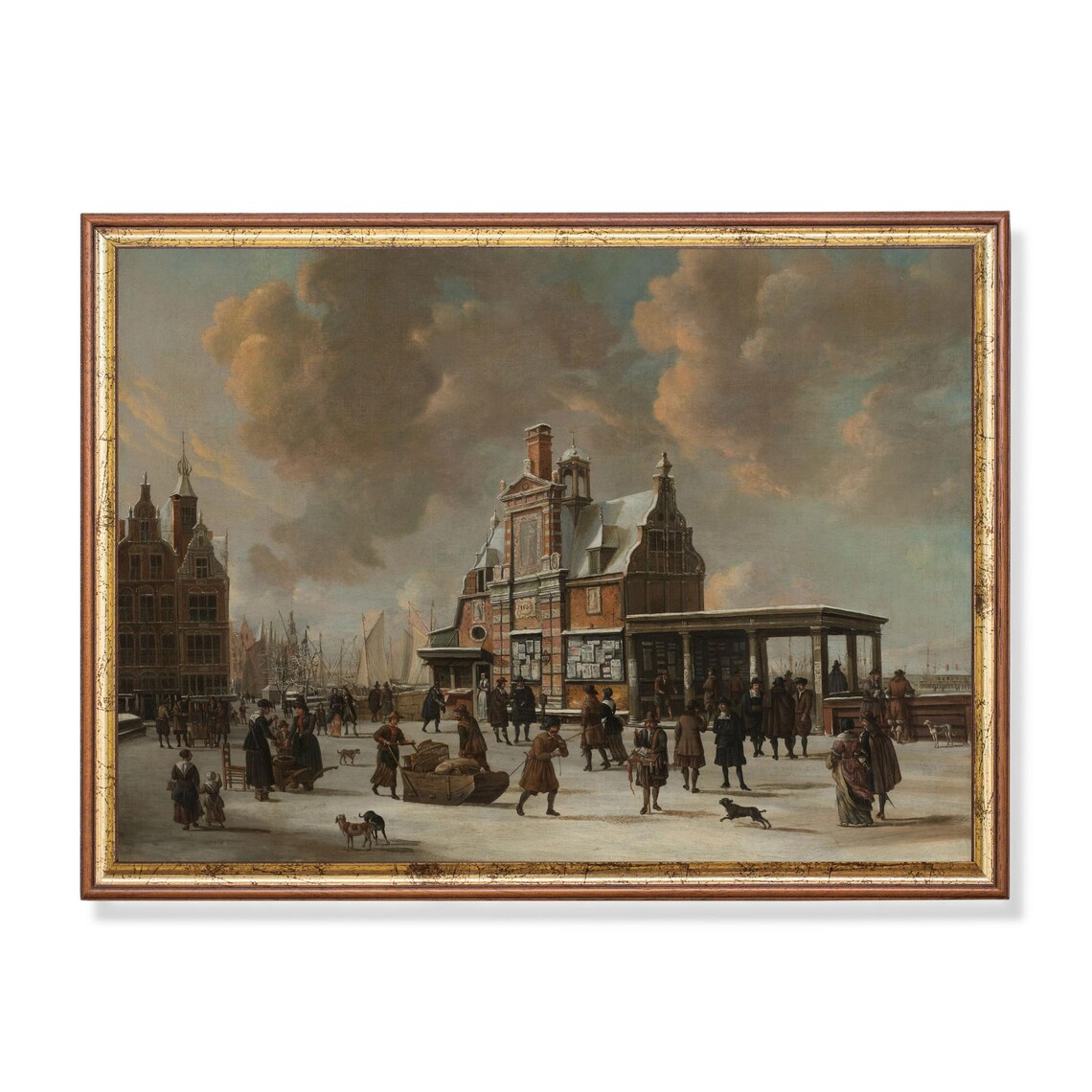 Antique Dutch Winter Square Market Scene Painting Fine Art Poster