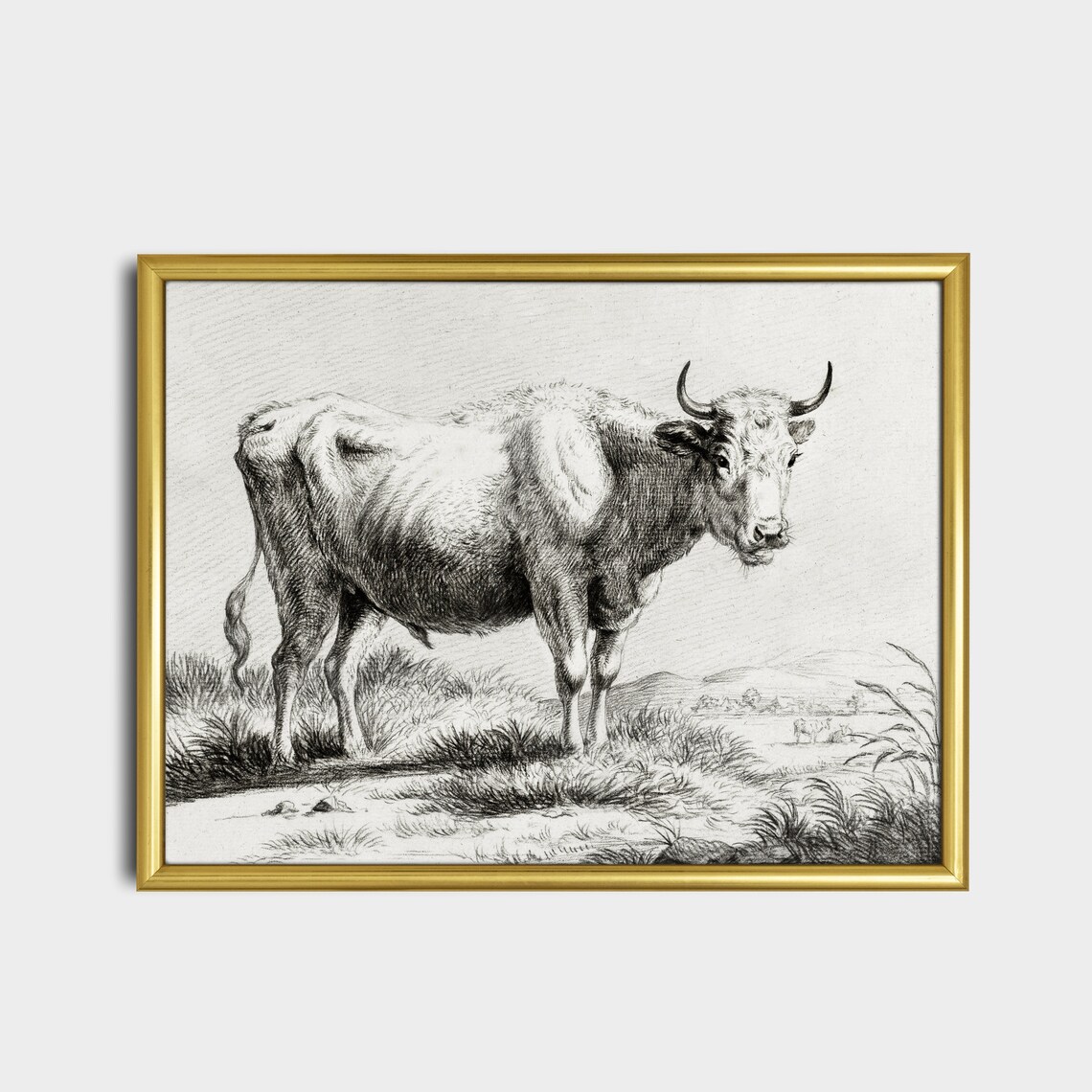 Grazing Bull in a Meadow Antique Black and White Engraving Poster - Image 5