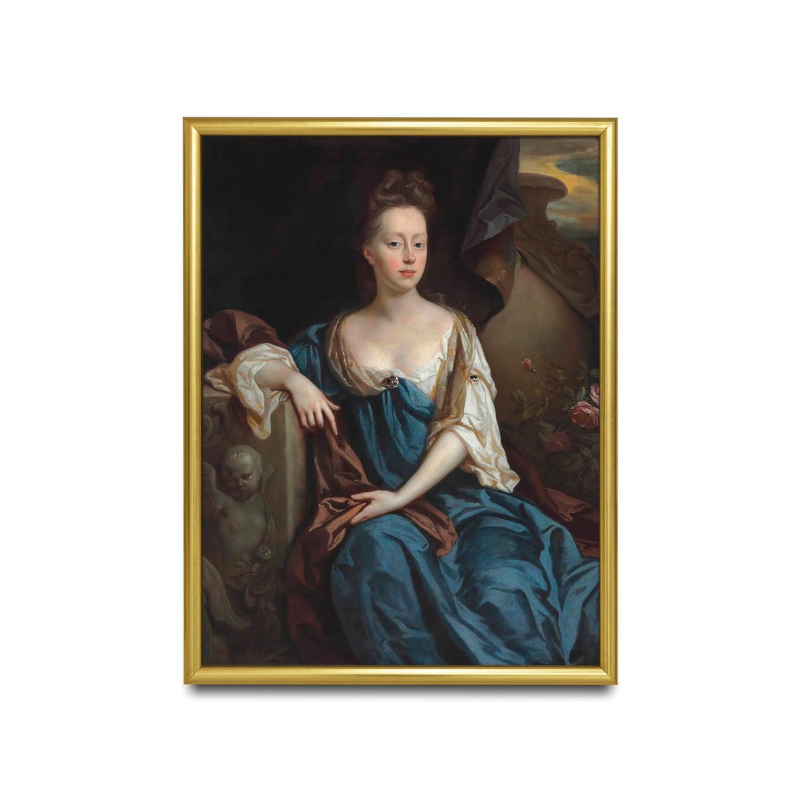 Baroque Lady in Teal Gown Cherub Statue Classic Portrait Poster - Image 2