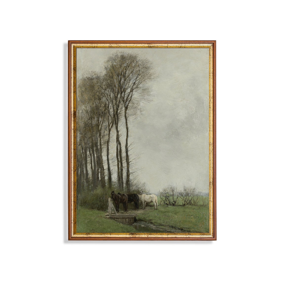 Horses Drinking at Trough Beside Tall Bare Trees Vintage Poster