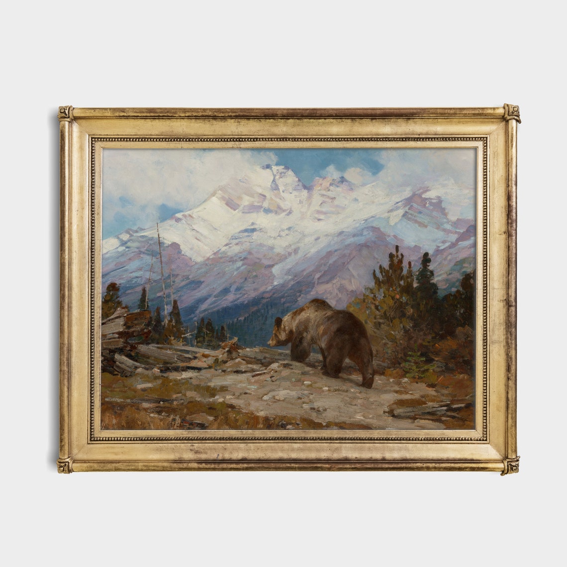 Grizzly Bear Below Snow Capped Alpine Peaks Wildlife Painting Poster - Image 4