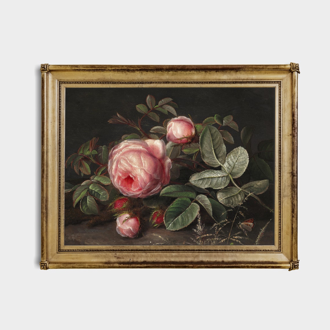 Pink Roses with Buds Dark Background Still Life Oil Painting Poster - Image 4