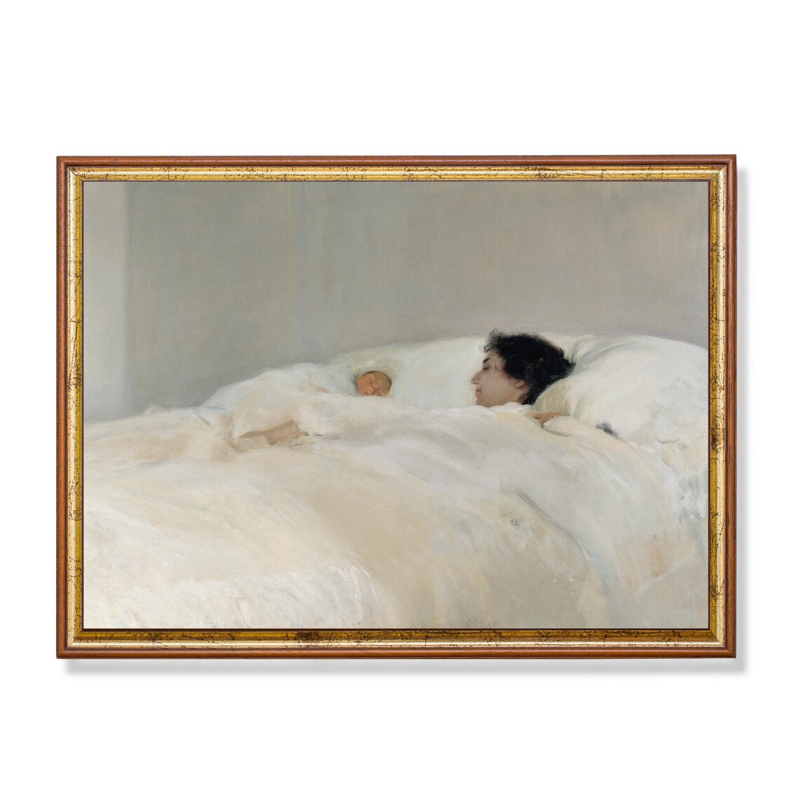 Mother and Newborn Baby Resting Together in White Bedding Poster