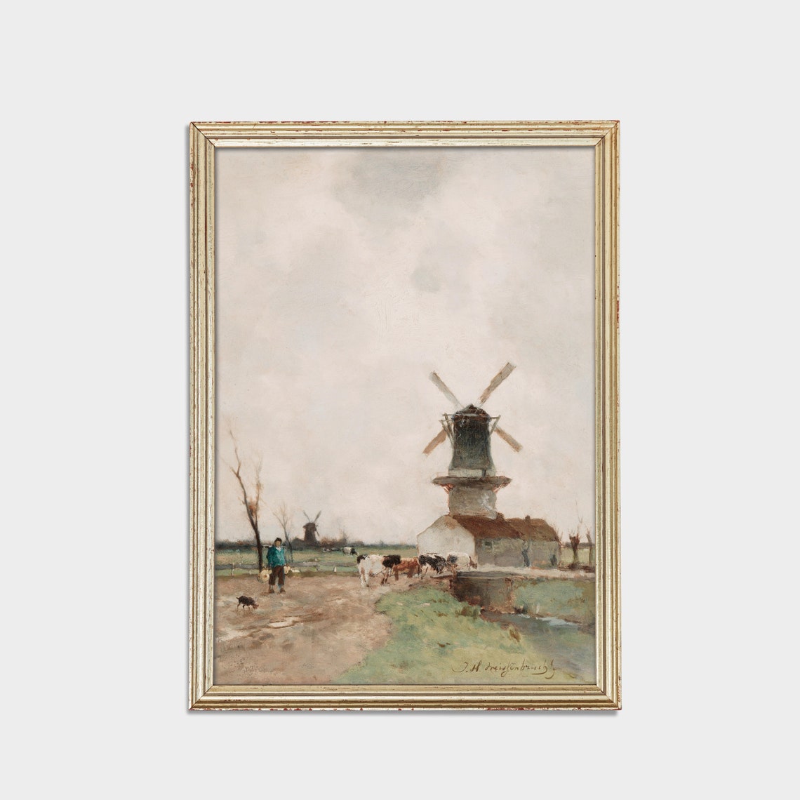 Dutch Polder Windmill with a Herdsman and Cattle Scene Poster - Image 2