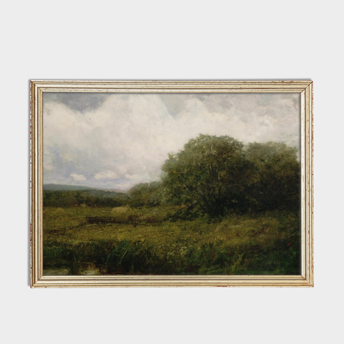 Meadow Stream Haystacks Overcast Sky Antique Country Landscape Poster - Image 2