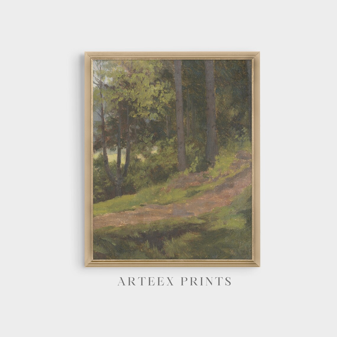 Sunlit Forest Path Among Tall Trees Vintage Woodland Painting Poster - Image 4