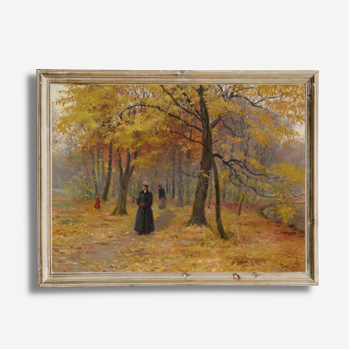 Vintage Autumn Park Women Strolling Golden Trees Oil Painting Poster - Image 3
