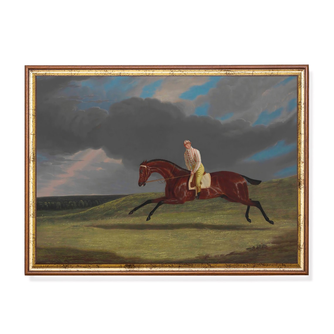 Jockey Riding Galloping Racehorse Stormy Sky Vintage Equestrian Poster