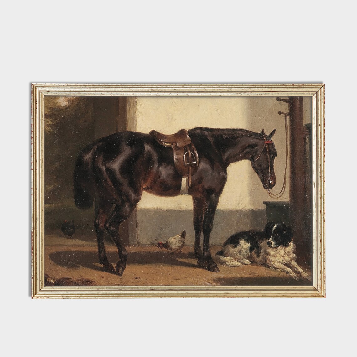 Black Saddled Horse With Dog and Chickens in Stable Yard Poster - Image 2