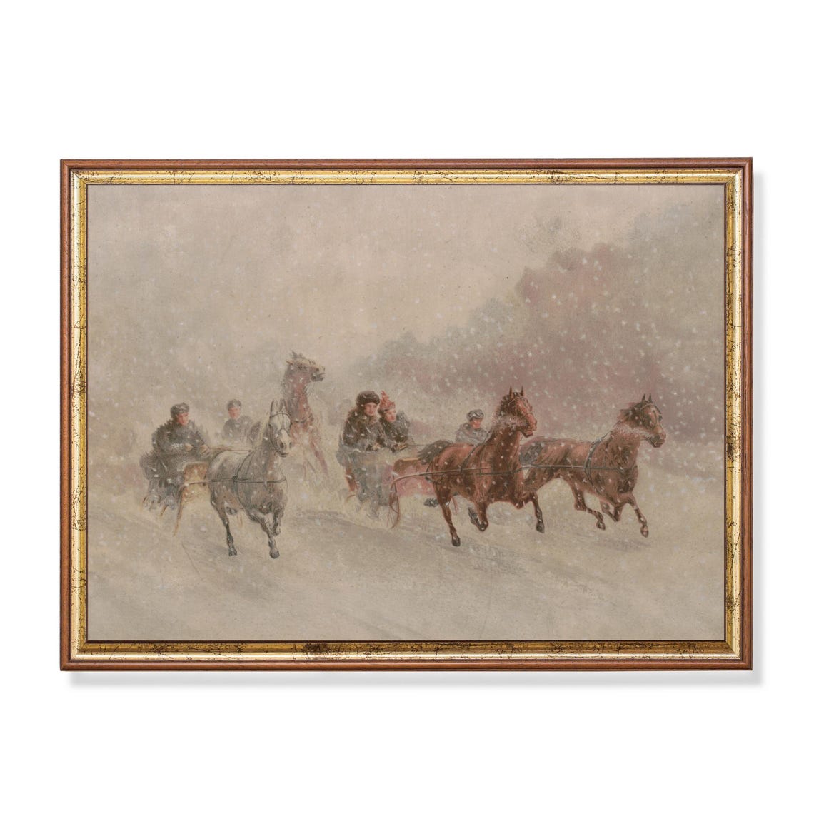 Horse Sleighs Racing Snowstorm Vintage Winter Scene Art Poster