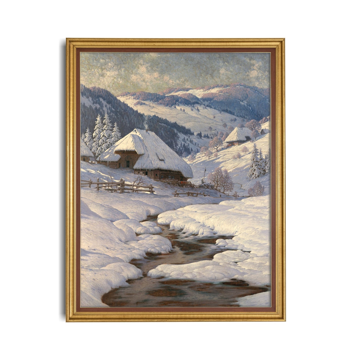 Snowy Mountain Village with Thatched Cottages and Stream Poster - Image 2