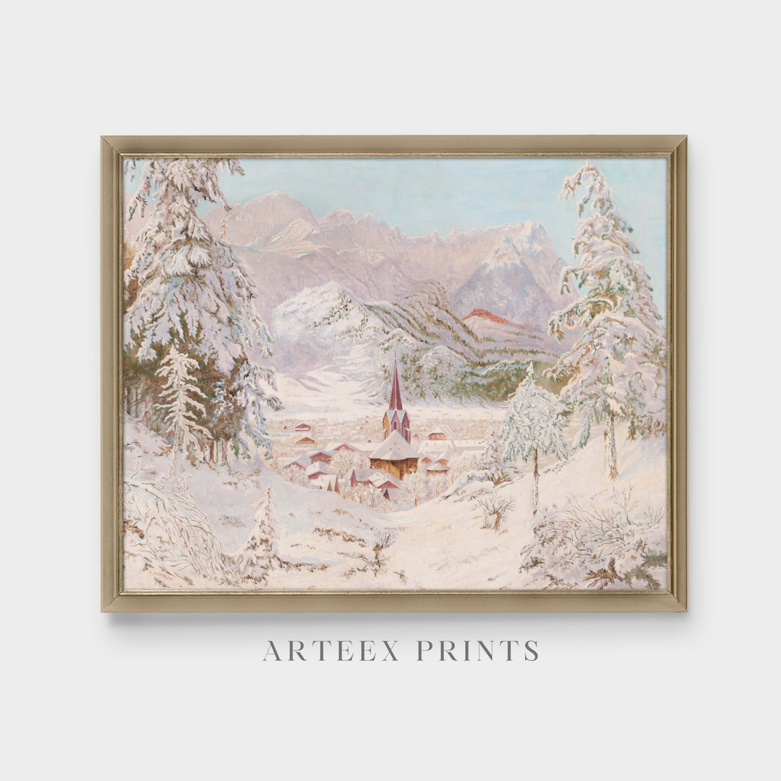 Snowy Alpine Village with a Church Steeple Winter Scene Poster - Image 3