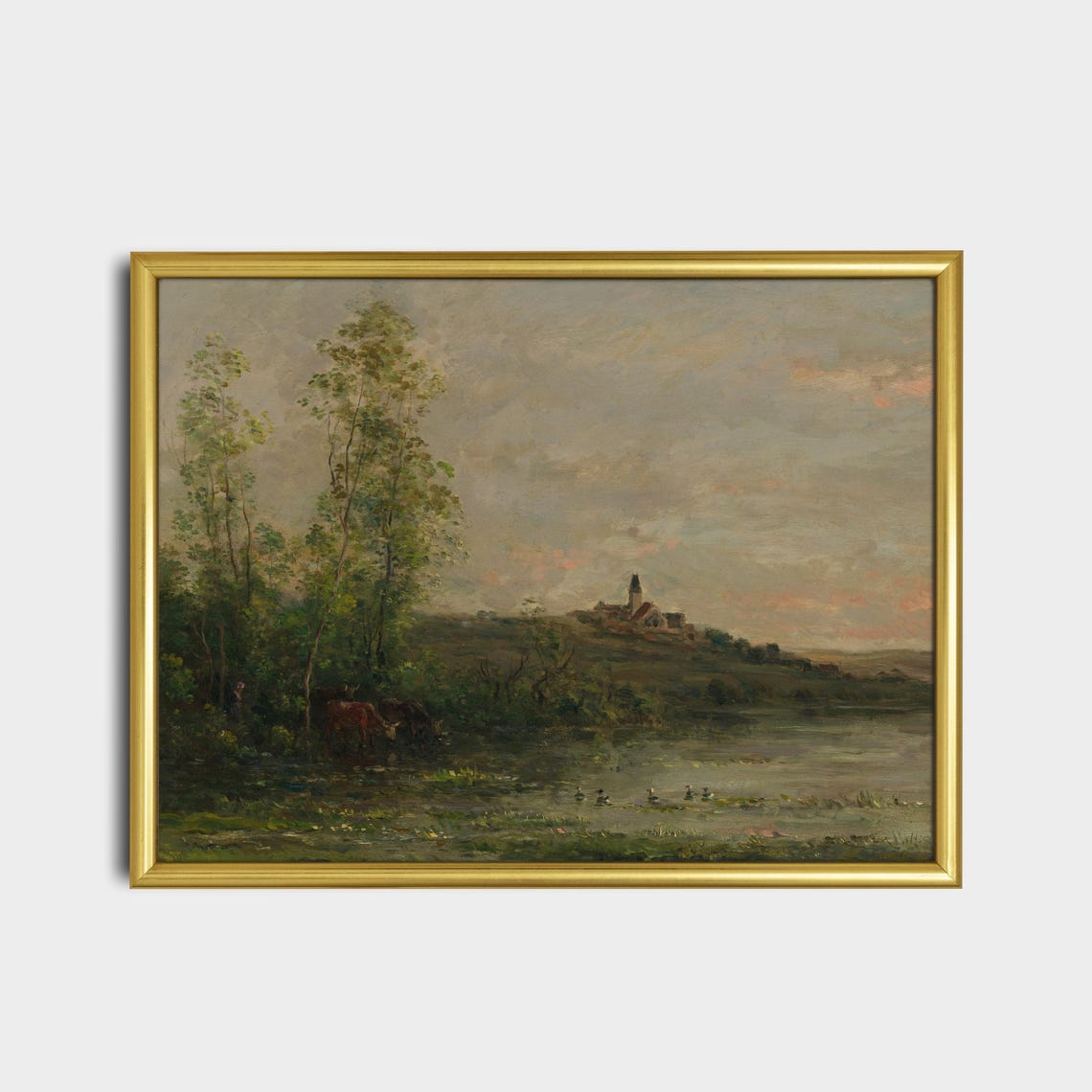 Cows Watering Lake Village Church Hill Barbizon Landscape Art Poster - Image 2