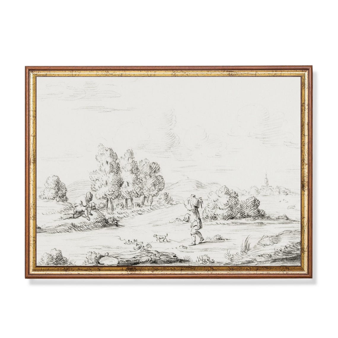 Antique Pastoral Countryside Sketch With Figures Church Spire Poster