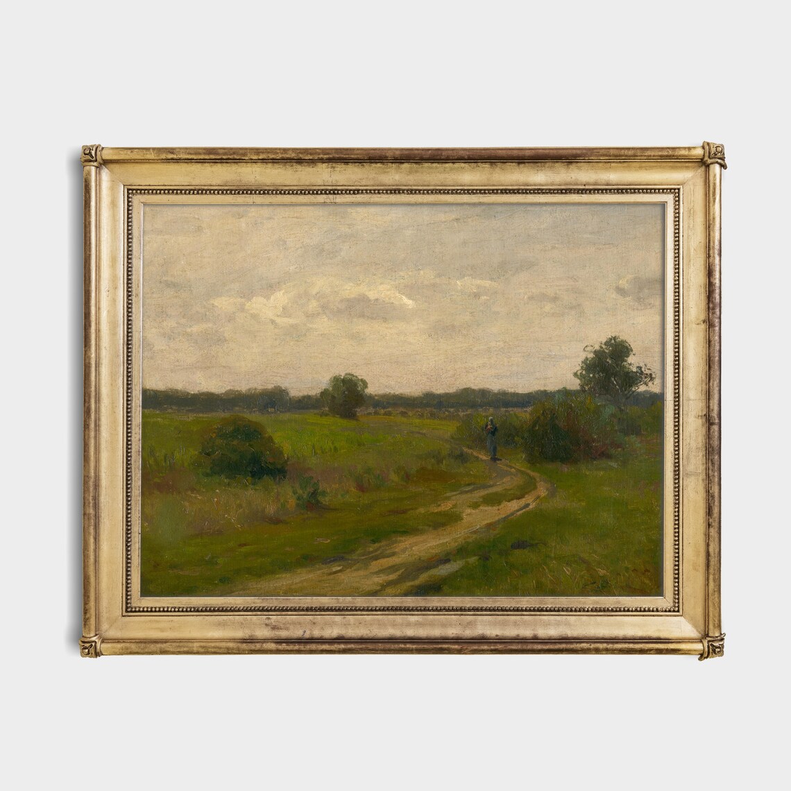Vintage Green Country Path Figure Meadow Cloudy Sky Painting Poster - Image 2