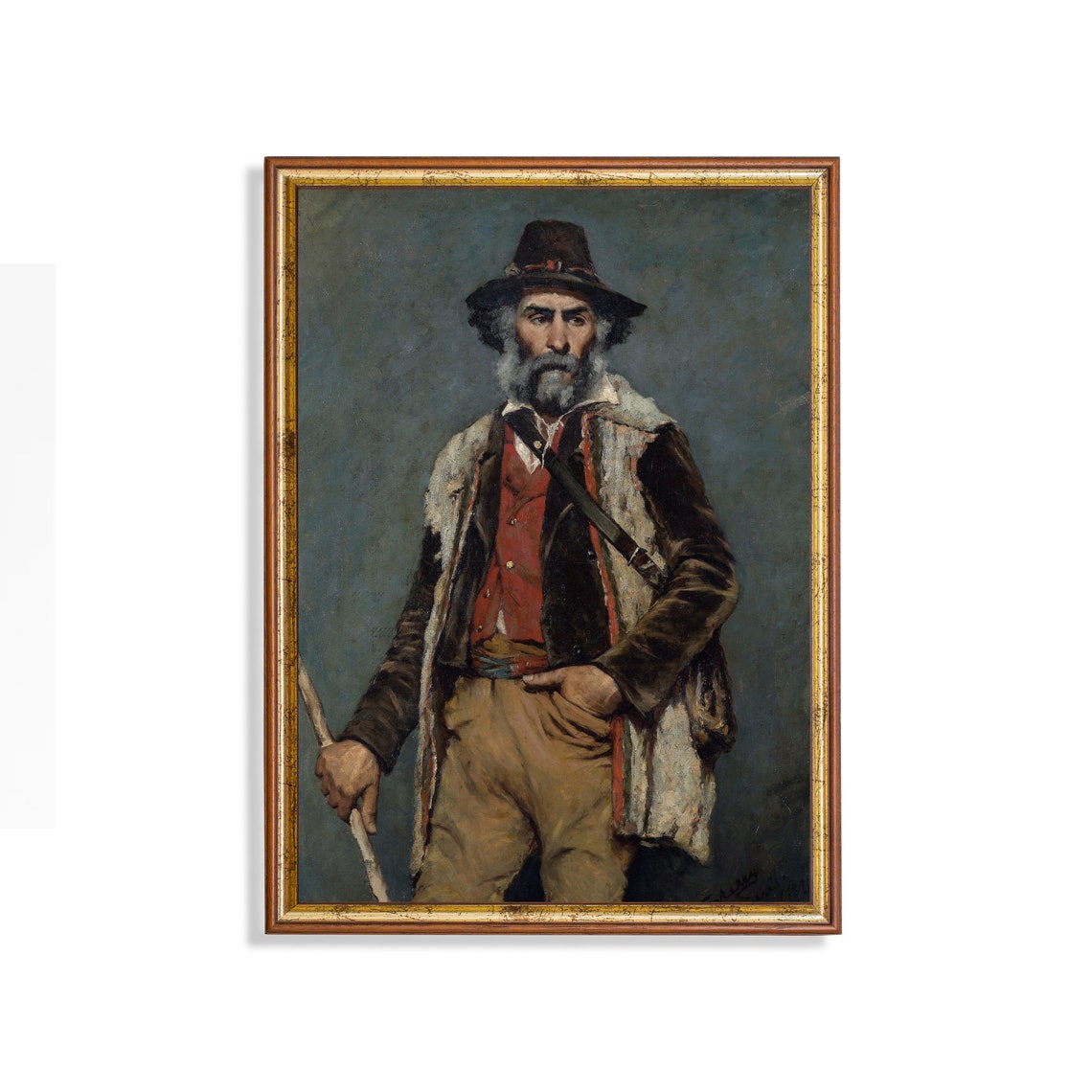 Bearded Traveller in a Hat with a Walking Staff Vintage Portrait Print