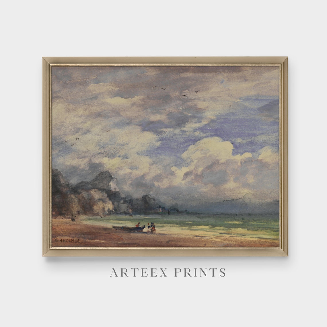 Stormy Beach Watercolor Seascape with Sailors and Boats Poster - Image 5