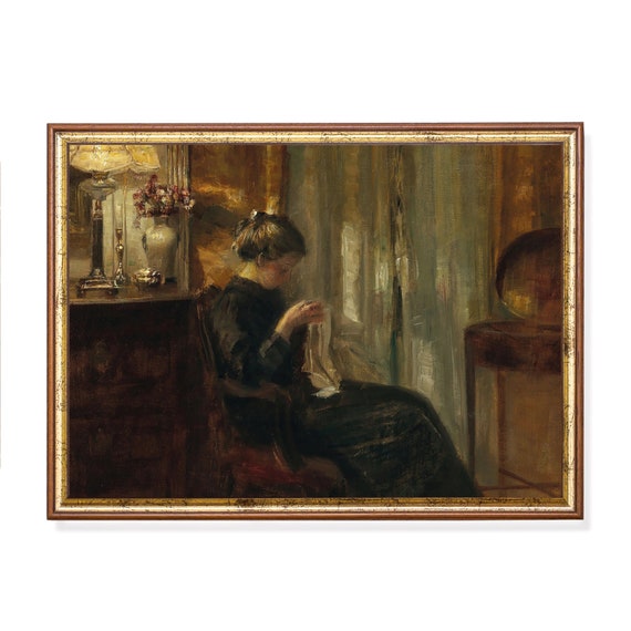 Mailed Print Vintage Portrait Painting Woman Sewing Antique Artwork Moody Rustic Print Printed And Shipped