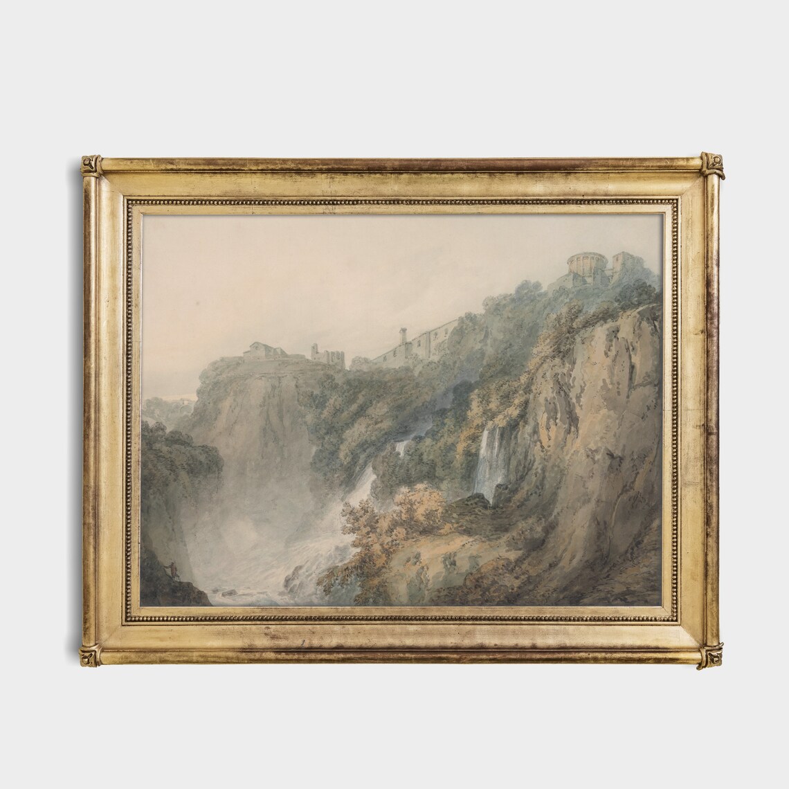 Clifftop Ruins Above Waterfalls in Rocky Gorge Watercolor Poster - Image 4