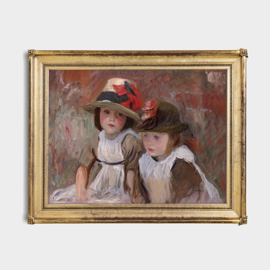 Two Young Girls in Feathered Hats Impressionist Portrait Poster - Image 2
