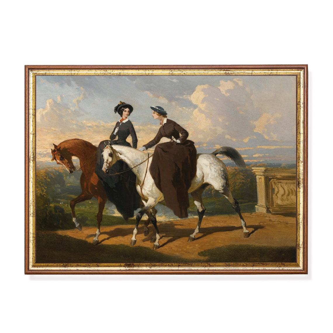 Two Victorian Ladies Riding Sidesaddle On Horseback Vintage Poster