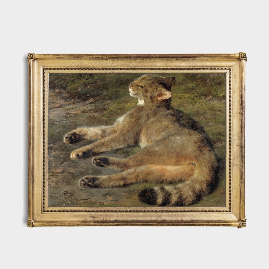 Vintage Reclining Cat Painting Signed 1870 Antique Animal Wall Art - Image 4