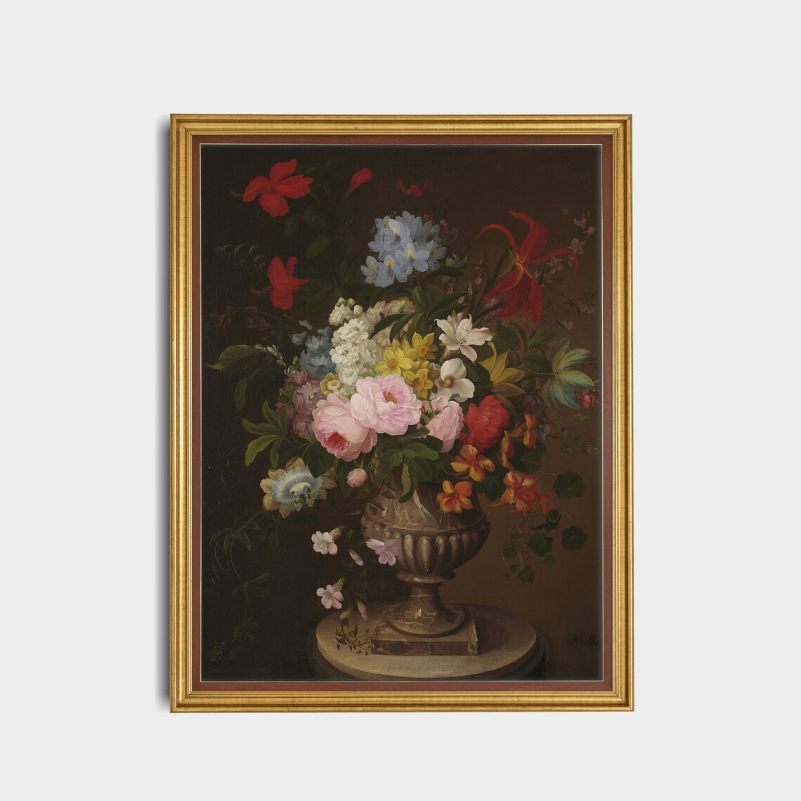 Vibrant Mixed Bouquet in a Stone Urn Antique Floral Art Poster - Image 5