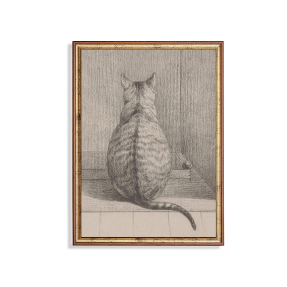 Cat Seen from Behind Sitting by a Door Vintage Sketch Poster