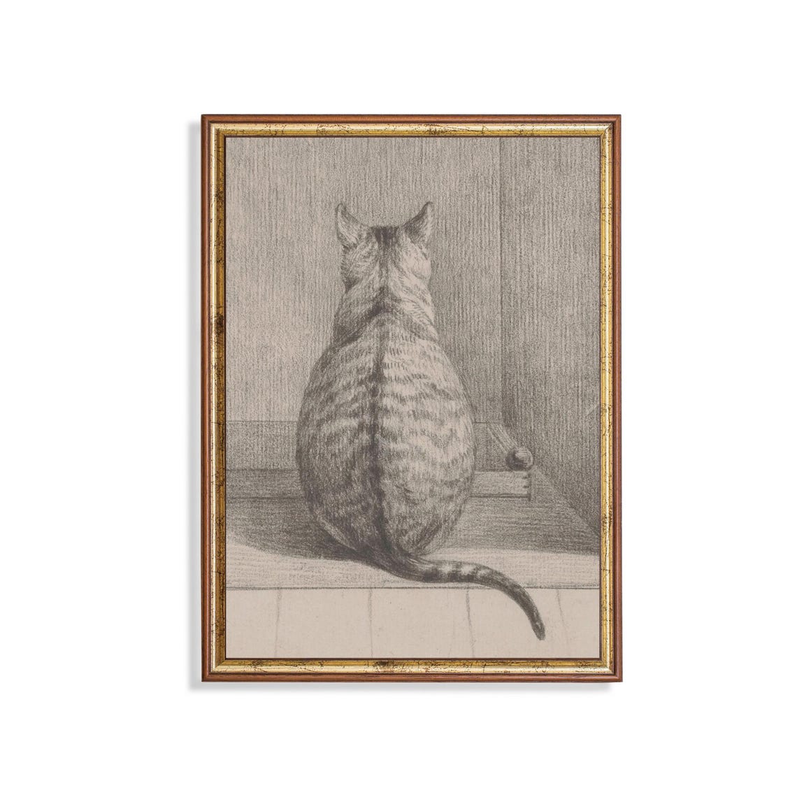 Cat Seen from Behind Sitting by a Door Vintage Sketch Poster