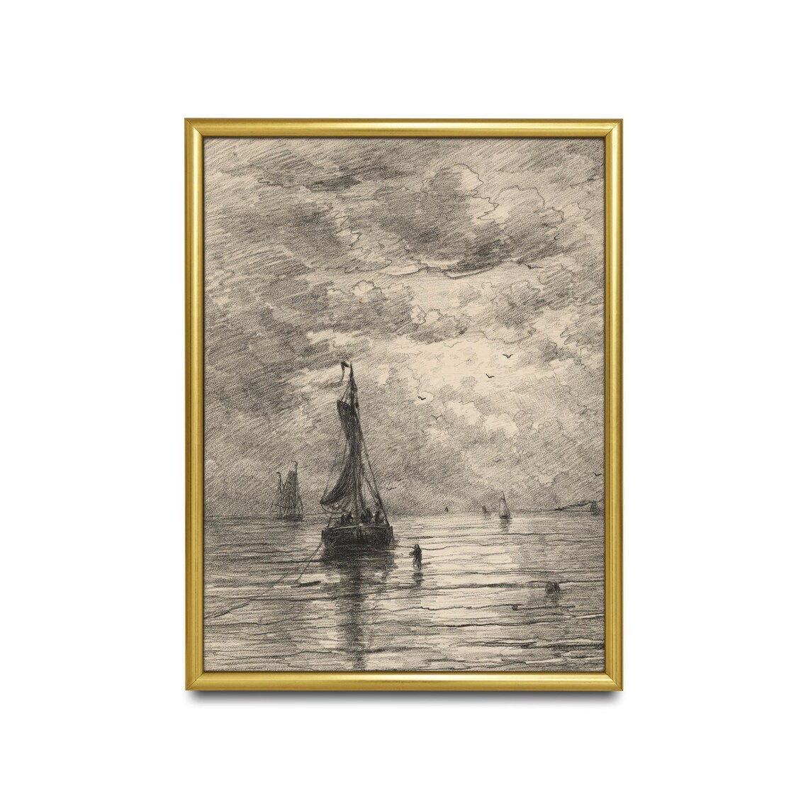 Sailboats on Water Charcoal Sketch Vintage Nautical Drawing Poster - Image 2