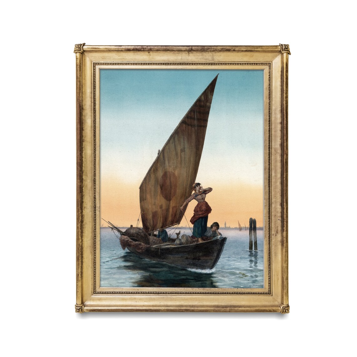 Venetian Fishing Boat with Sail at Sunset on Lagoon Waters Poster - Image 2