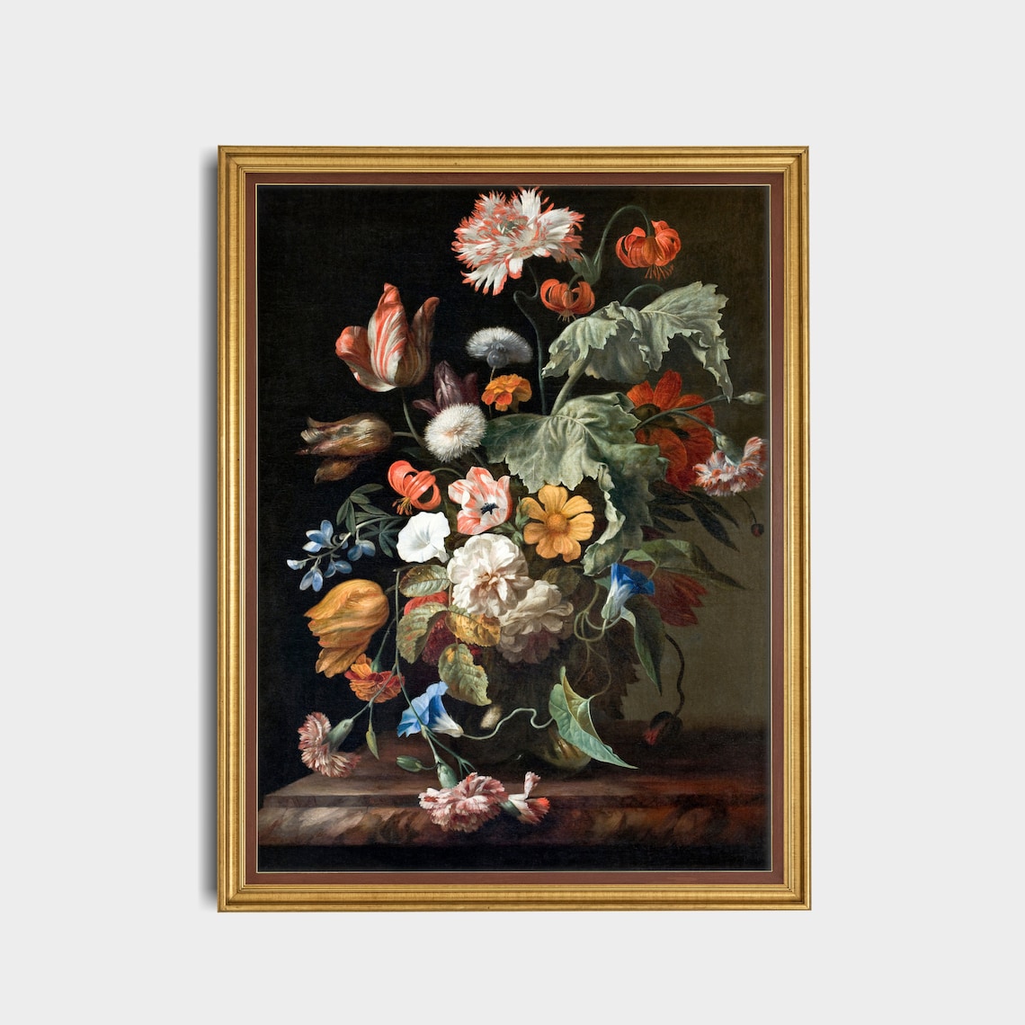 Dutch Floral Still Life Bouquet with Tulips and Poppies on Dark Poster - Image 3