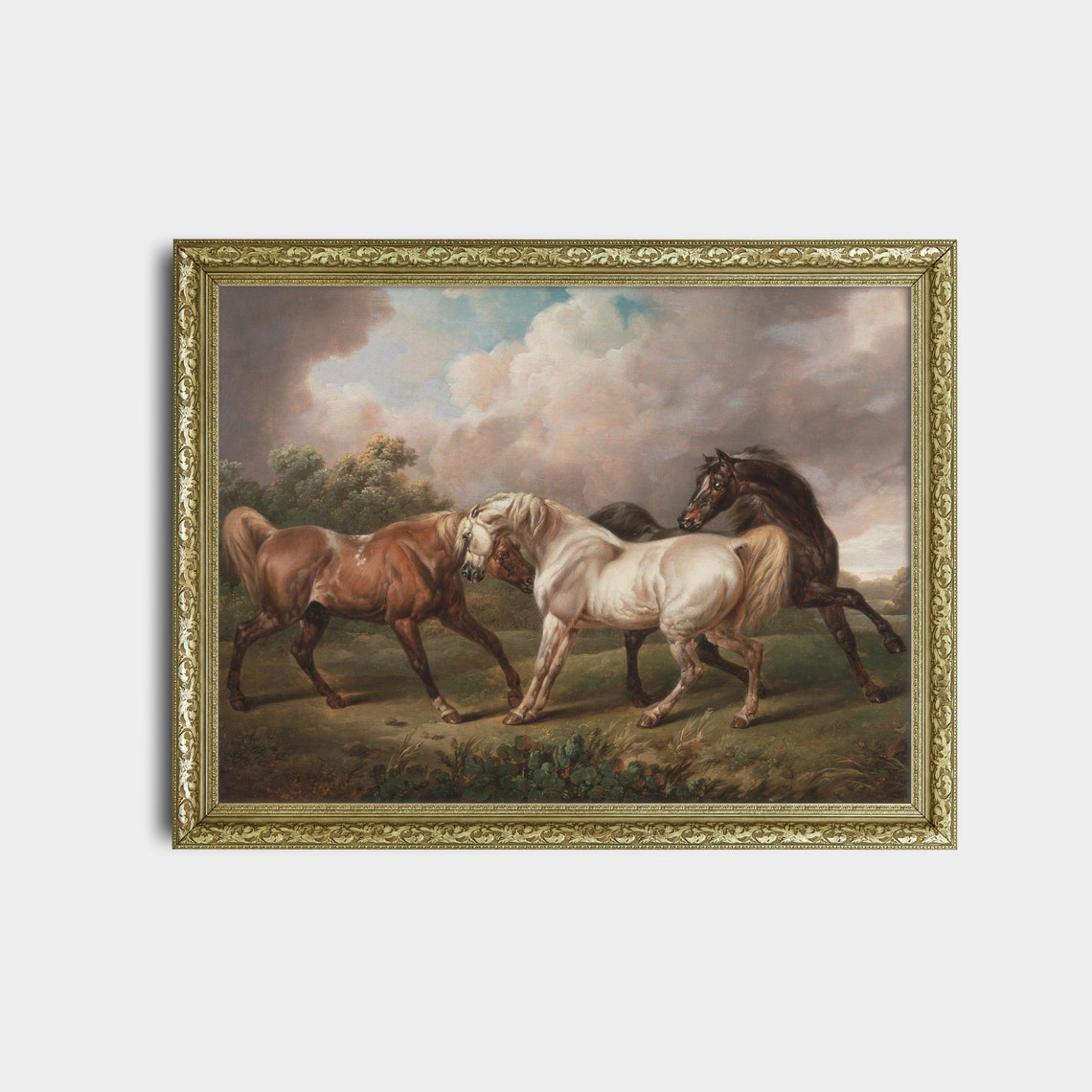 Three Horses Playing in a Meadow Antique Equestrian Art Poster - Image 2