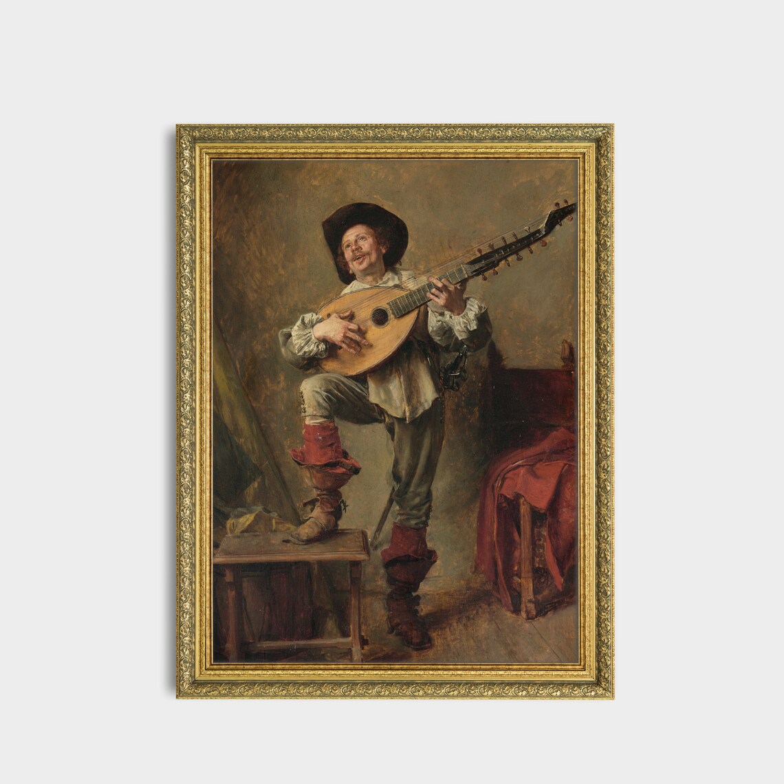 Jolly Musician Playing a Large Lute Vintage Genre Painting Poster - Image 3