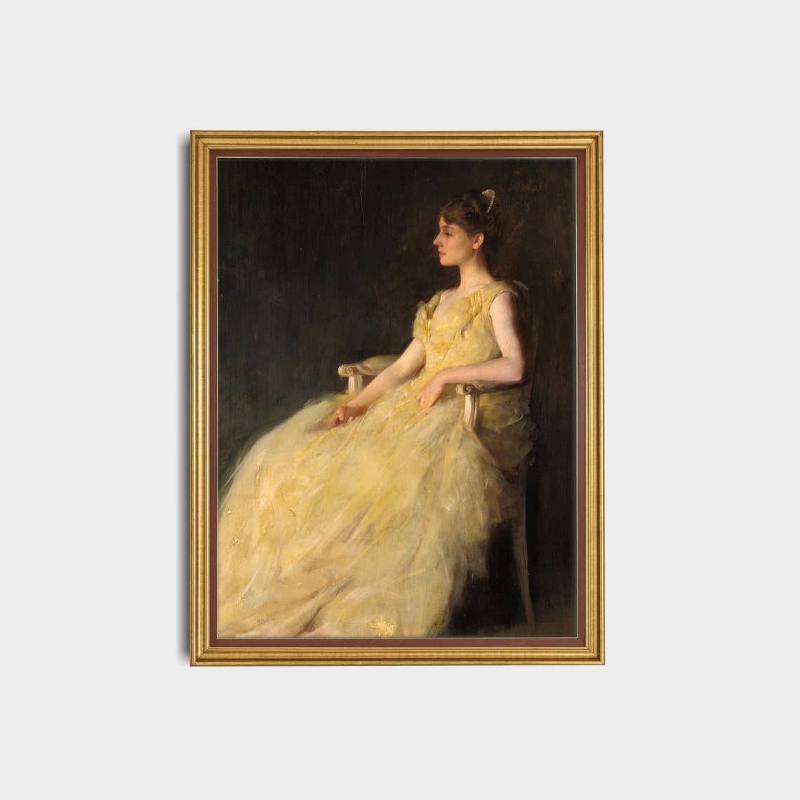 Lady In Yellow Painting Vintage Portrait Antique Woman Portrait Painting Moody Art Vertical Wall Art - Image 2