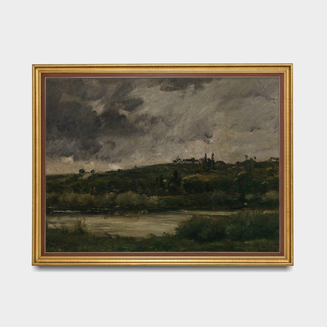 Stormy River Landscape With Dark Clouds Over a Distant Village Poster - Image 3