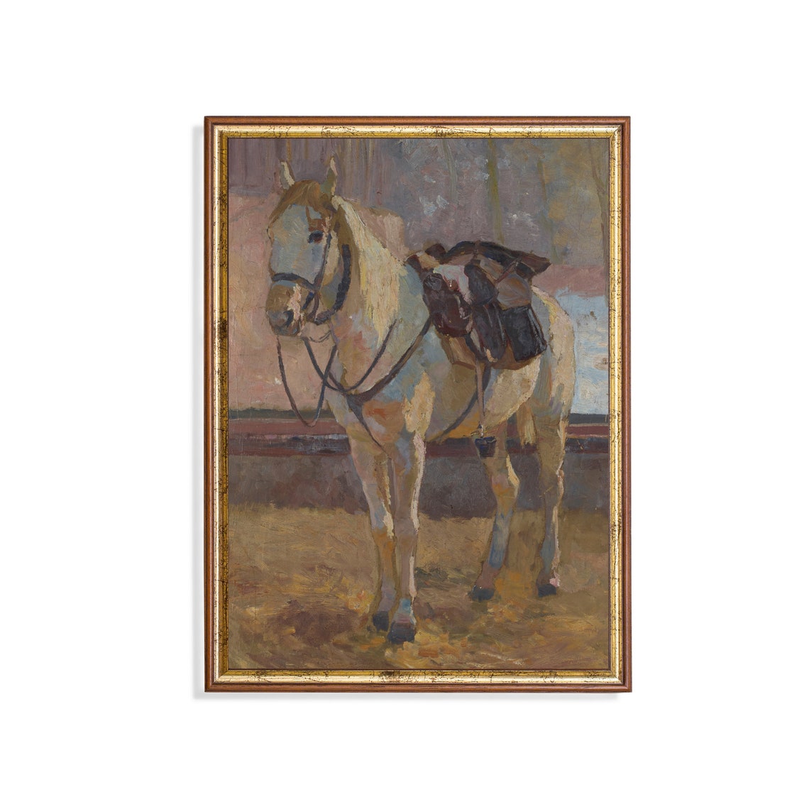 Saddled Grey Horse Standing in a Paddock Vintage Equestrian Poster