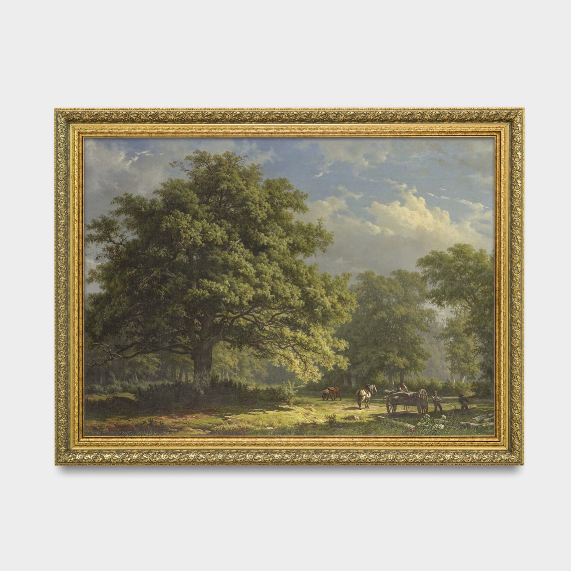 Towering Oak Trees with a Horse Cart Under Dramatic Clouds Poster - Image 3