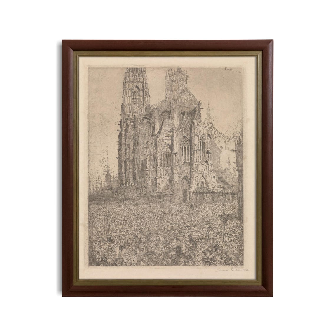 Antique Etching of a Gothic Cathedral with a Crowd Below Poster - Image 3