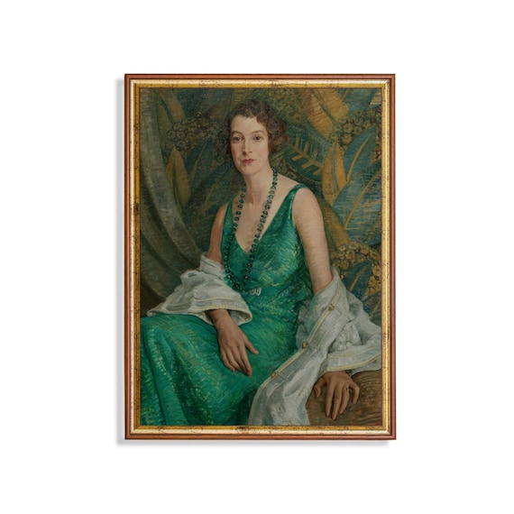 Art Deco Woman Portrait in an Emerald Green Gown Vintage Poster