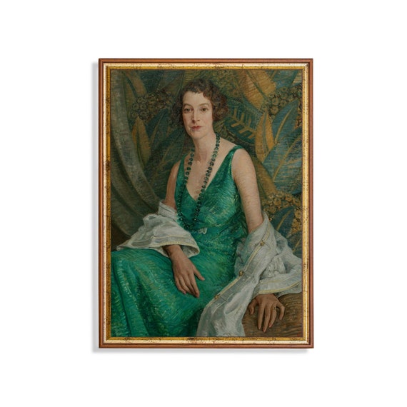 Vintage Woman Portrait Painting Antique Portrait Print Lady In Green Wall Art Moody Rustic Fine Art