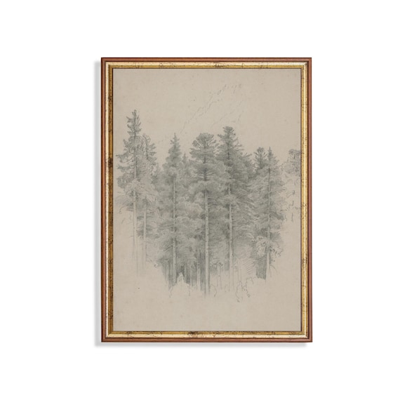 Print And Ship Wooded Landscape Vintage Sketch Drawing Antique Trees Print Rustic Neutral Sketch Art Mailed Art Country Scenery