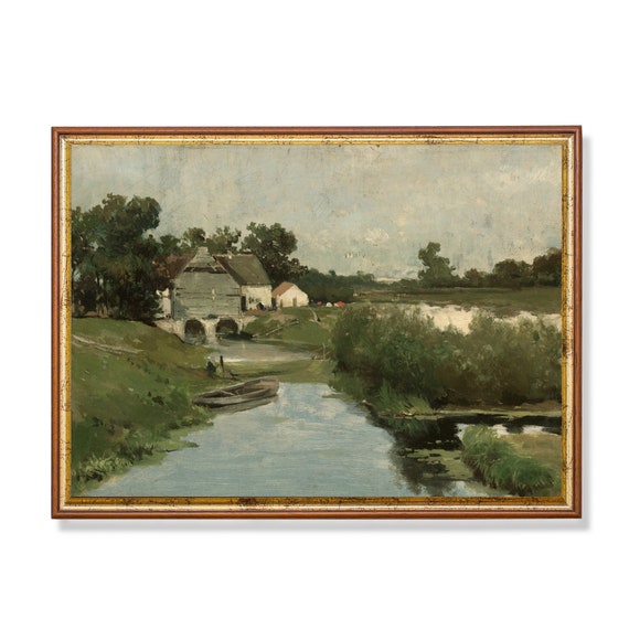 Vintage Countryside Landscape Art Print, Farmhouse Rustic