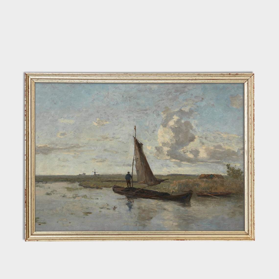 Sailing Boat Drifting on a Calm River with a Distant Windmill Poster - Image 2