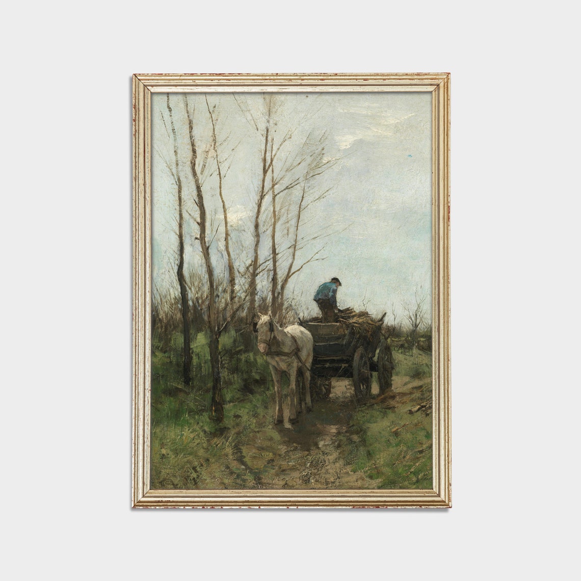 White Horse Pulling a Wooden Cart on a Country Road Antique Poster - Image 2