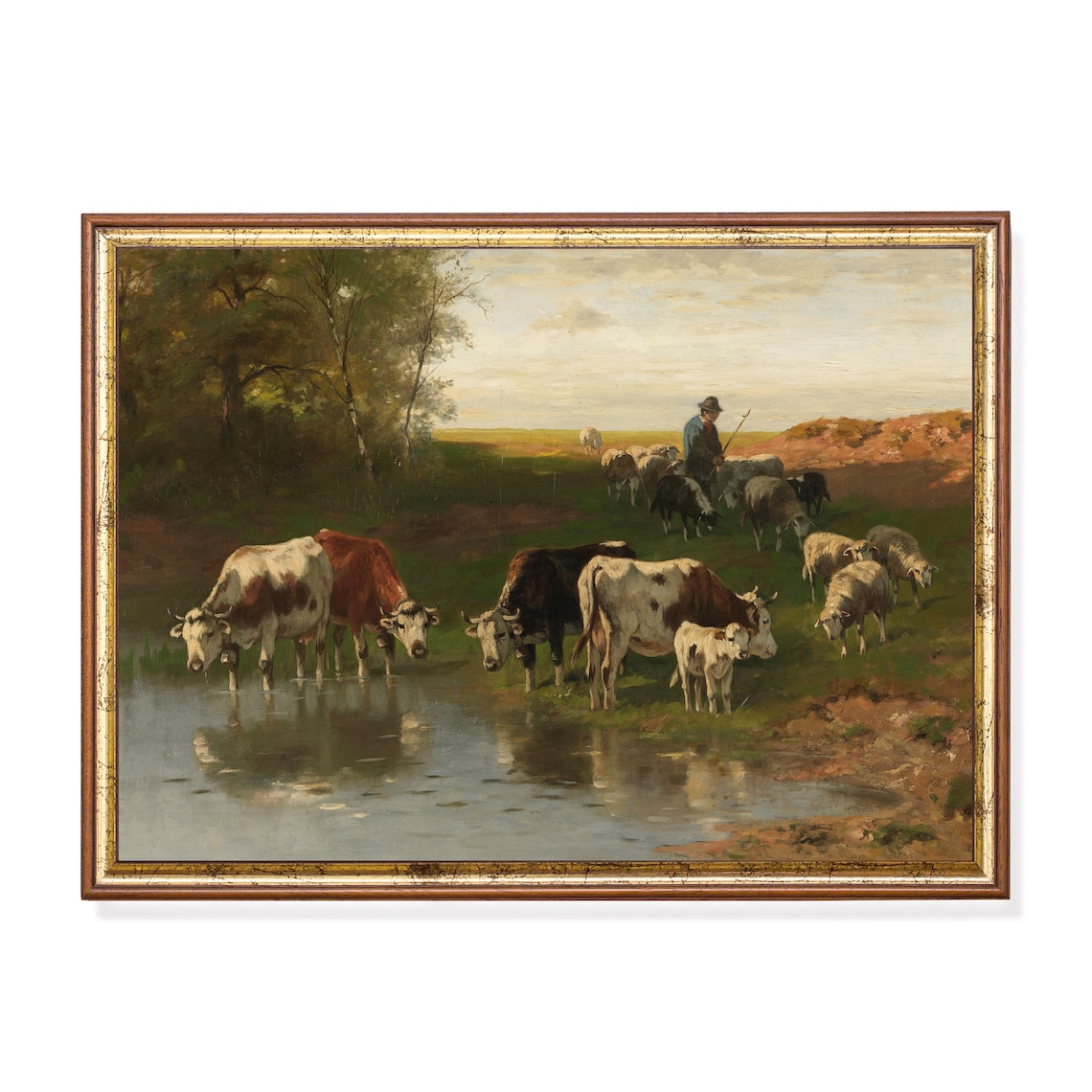 Vintage Cattle With a Shepherd, Oil Painting Art Print